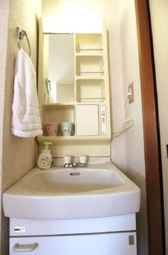 a bathroom with a sink and a mirror at コーポアス in Nikko