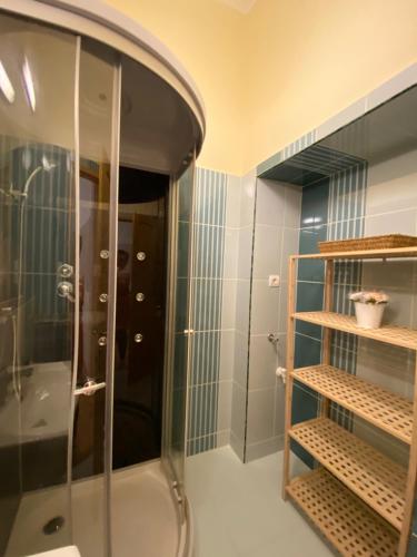 a shower in a bathroom with blue tiles at Ambrózia Apartman in Eger