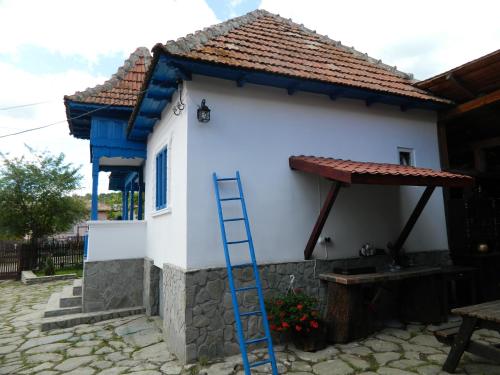 a blue ladder leaning against a white house at Casa de vacanta traditionala romaneasca in Schiuleşti