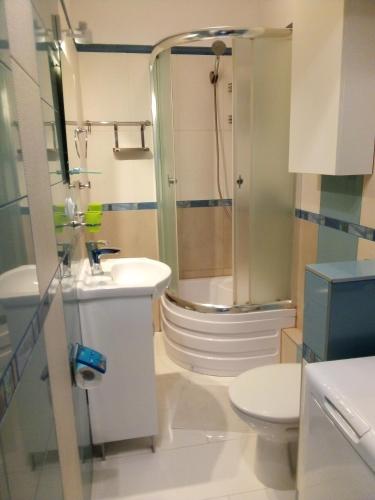 a bathroom with a shower and a toilet and a sink at Apartament Bronowice in Krakow