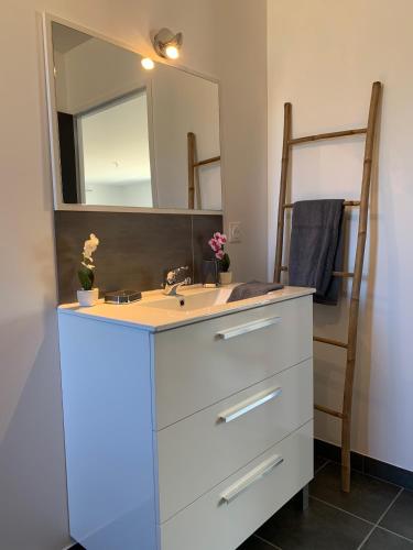 une salle de bain avec un lavabo et un miroir dans l'établissement La Goulette du Vary, à Commes