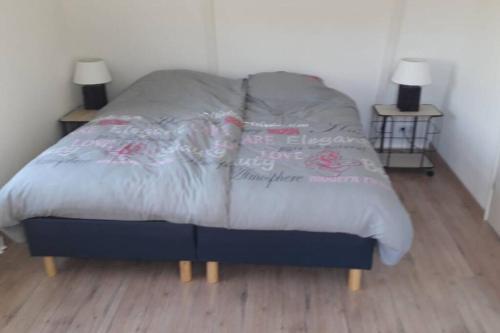 a bed in a room with two tables and two lamps at bij San & Ka in Hauwert
