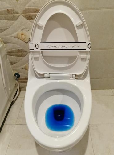 a white toilet with the seat up in a bathroom at Dar Karim in Abha