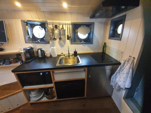 a small kitchen with a sink and two windows at De Coaster & Aquarium Ponton in Rotterdam