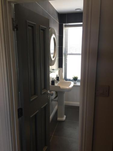 een badkamer met een wastafel en een spiegel bij Lisheen Lodge in Galway