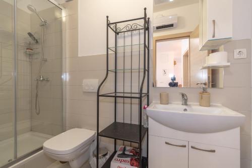 ein Bad mit einem WC, einem Waschbecken und einer Dusche in der Unterkunft Apartment Kira in Split