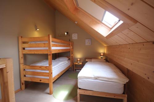 1 Schlafzimmer mit 2 Etagenbetten und einem Dachfenster in der Unterkunft Journal aux Lacs-5pers in Froidchapelle