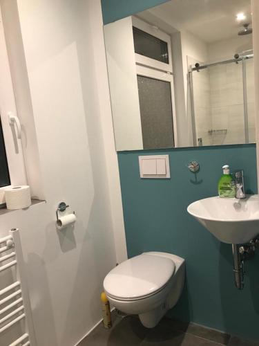 a bathroom with a toilet and a sink at ALC Zimmervermietung in Brande-Hörnerkirchen