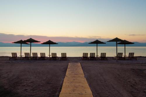 a group of chairs and umbrellas on a beach at Sun 'n Chill, Boutique Apartments & Beach Villa in Melíkia