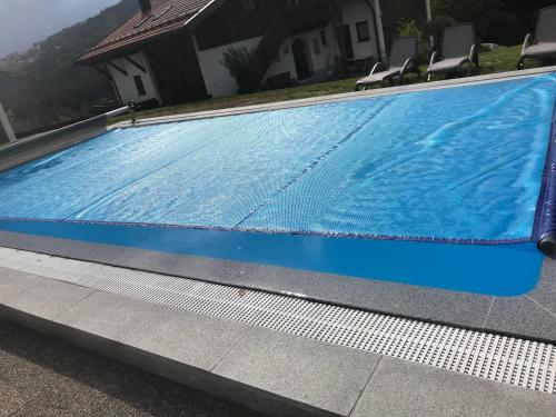 a large blue swimming pool in a yard at Rachel in Hauzenberg