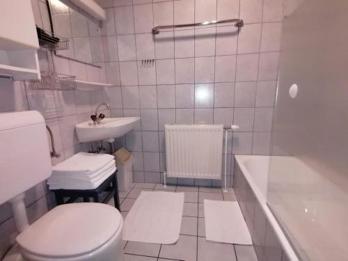 a white bathroom with a toilet and a sink at Ferienwohnungen Kössl in Waidhofen an der Ybbs