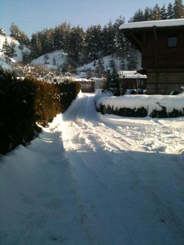 a driveway covered in snow next to a house at Villa Chalet Everest in Bansko
