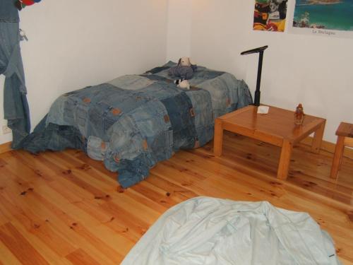 a bedroom with a bed with a cat sitting on it at CHAMBRE JEAN'S CHEZ L'HABITANT à LAMBALLE in Lamballe