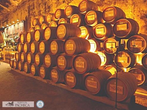 a bunch of wine barrels stacked in a cellar at Pacheca The Wine House Hotel e Spa - Quinta da Pacheca in Lamego