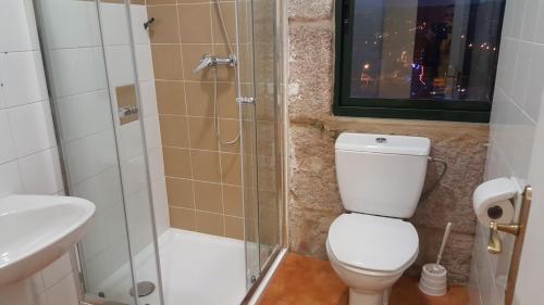 ein Bad mit einer Dusche, einem WC und einem Waschbecken in der Unterkunft Hospedaje Bahía de San Simon in Redondela