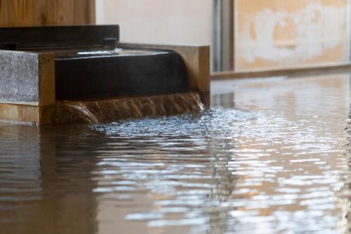 a pool of water on the floor of a building at Hotel Monzennoyu in Joetsu