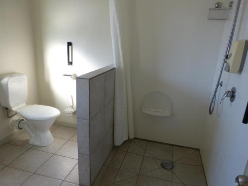 a bathroom with a toilet and a shower in it at Blake Court Motel in Whangamata