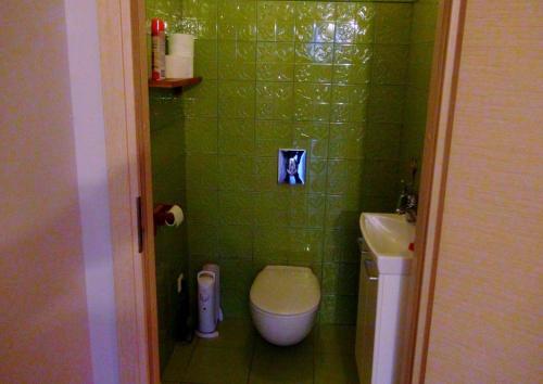 a green tiled bathroom with a toilet and a sink at Holiday House Koceri in Ķekava
