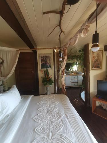 a bedroom with a white bed and a tv at Hôtel Fenua Mata'i'oa in Papetoai