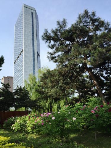 a tall building with a tree and flowers in a park at Hyatt Regency Changchun in Changchun