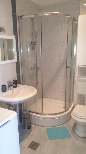 a bathroom with a shower and a sink and a toilet at Smiley 2 in Novalja