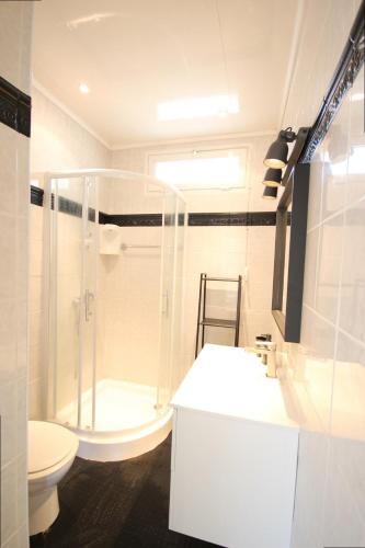 une salle de bain avec une douche, des toilettes et un lavabo dans l'établissement Adorable maison de vacances plain pied au coeur de la station et proche des plages 4 chambres, jardin, WIFI, LXDUNE1, à Portiragnes