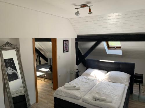 1 dormitorio con cama y espejo. en Apartment direkt an der Waldnaab, en Neustadt an der Waldnaab