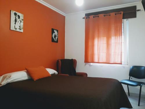 1 dormitorio con paredes de color naranja, 1 cama y ventana en Porta Nova Apartamentos, en Ferrol