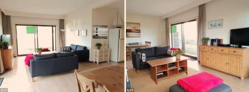 een woonkamer met een bank en een tv bij Residentie Noordhinder - Hendrik Consciencelaan 8 - appartement G 0 08 - 8660 De Panne - België in De Panne