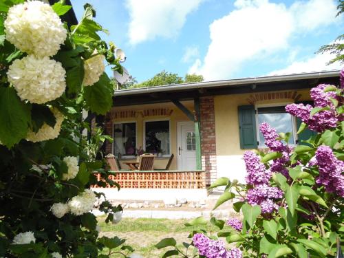 um chalé com flores em frente em Ferienhaus Ostseefluestern em Ostseebad Sellin