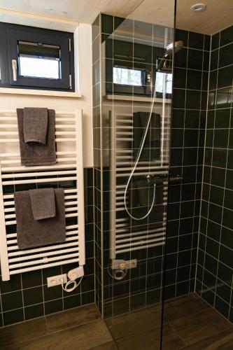 a bathroom with a shower with green tiled walls at Ferienhäuser Saalemaxx in Rudolstadt