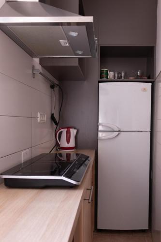 a kitchen with a white refrigerator and a stove at Hostel Museum in Koper