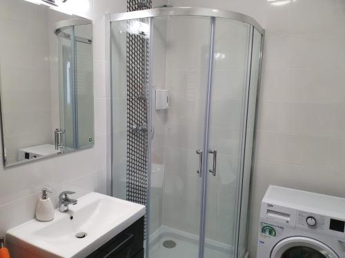 a bathroom with a shower and a sink and a washing machine at Apartament na Lazurowej in Warsaw