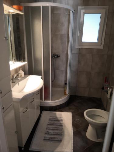 a bathroom with a shower and a sink and a toilet at Loukas House 1Σταυρος-Κερκυρα Μακράτα in Stavrós