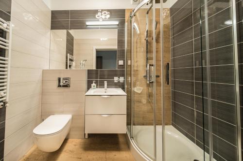 a bathroom with a toilet and a sink and a shower at Baltic Apartments in Pobierowo