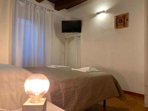 a bedroom with a bed with a lamp and a television at Le Vie Mediterranee in Torre di Ruggiero