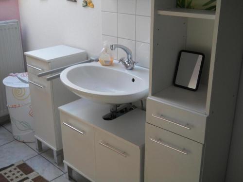 a bathroom with a white sink and a mirror at Ferienwohnung Kuderer in Lunden