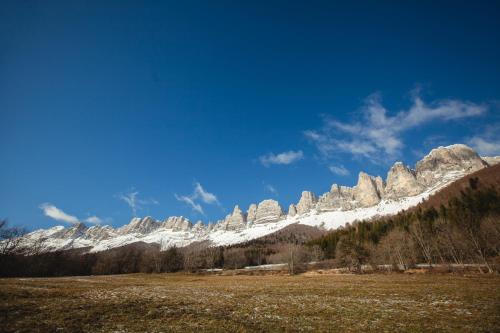 a snow covered mountain with a field in front of it at ETERPA Les chalets de Pré Clos en Vercors in Saint-Andéol