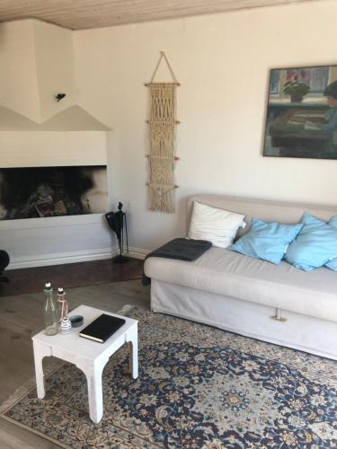 a living room with a bed and a coffee table at Rødhus Gl. Skole B&B in Pandrup
