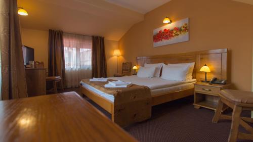 a hotel room with a bed and a table at Pension La Fontana in Baia Mare