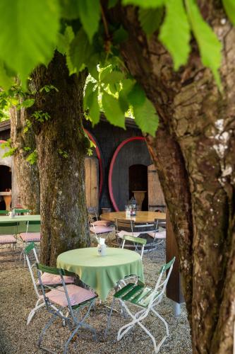 a green table and chairs under a tree at Landhotel Gottinger in Waldkirchen