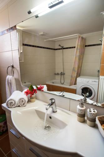 a bathroom with a sink and a large mirror at Kris&Strato's Studio in Lygia