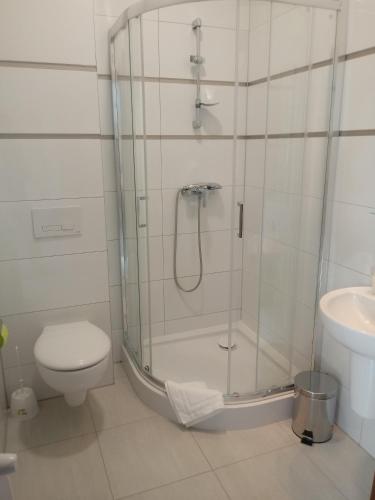 a bathroom with a shower and a toilet and a sink at Hostel Załogowa in Gdańsk