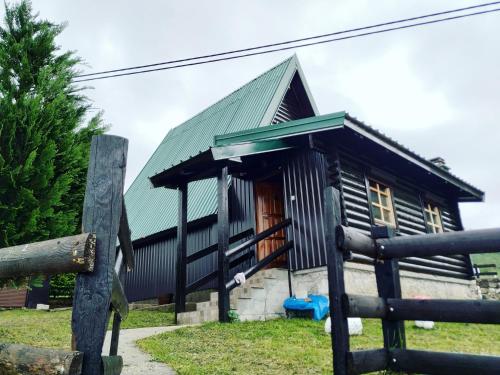 una pequeña casa negra con techo verde en Romantika, en Šavnik