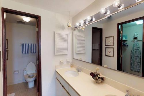 a bathroom with a sink and a mirror and a toilet at Crescent Cove 96 in Humacao