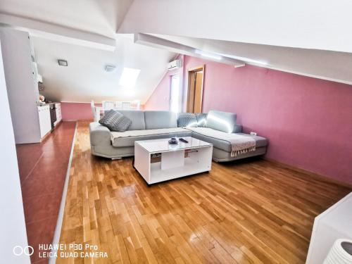 a living room with a couch and a table at Apartman Japanski vrt, Centar in Vrnjačka Banja