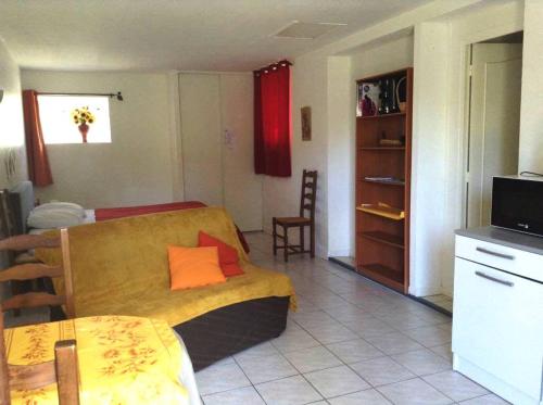 um quarto com uma cama e uma cozinha com uma televisão em MOULIN DE LACHAUD em Sainte-Fortunade
