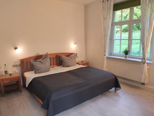- une chambre avec un grand lit et une fenêtre dans l'établissement Ferienwohnung Sächsische Schweiz, à Bielatal