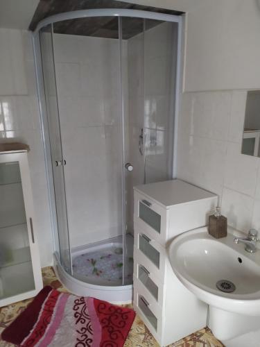 W łazience znajduje się prysznic, toaleta i umywalka. w obiekcie Dřevěnka w mieście Provodín