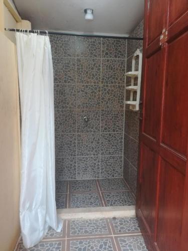 a shower with a shower curtain in a bathroom at Jacobin Hostel & Cabins in Drake